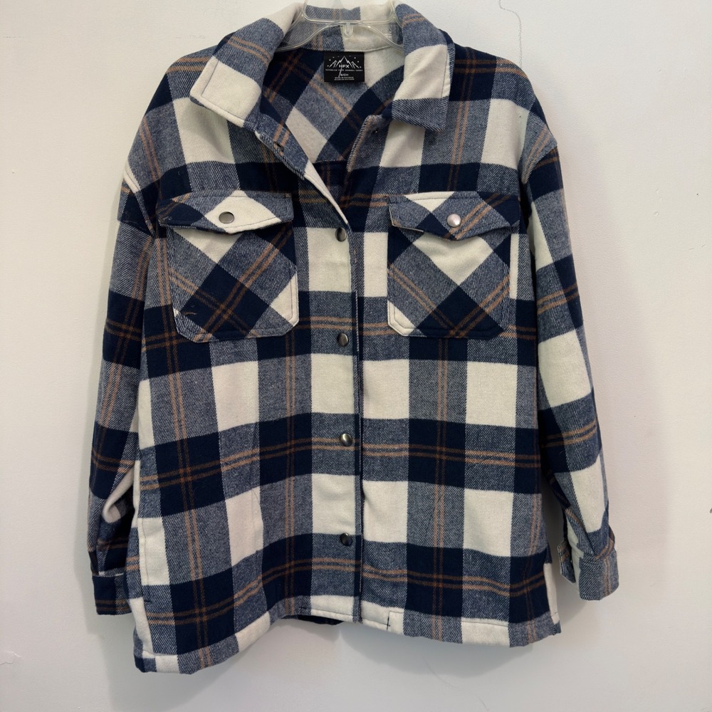 HFX Shacket Shirt Jacket Blue White Brown Plaid Wool Blend Small Mens